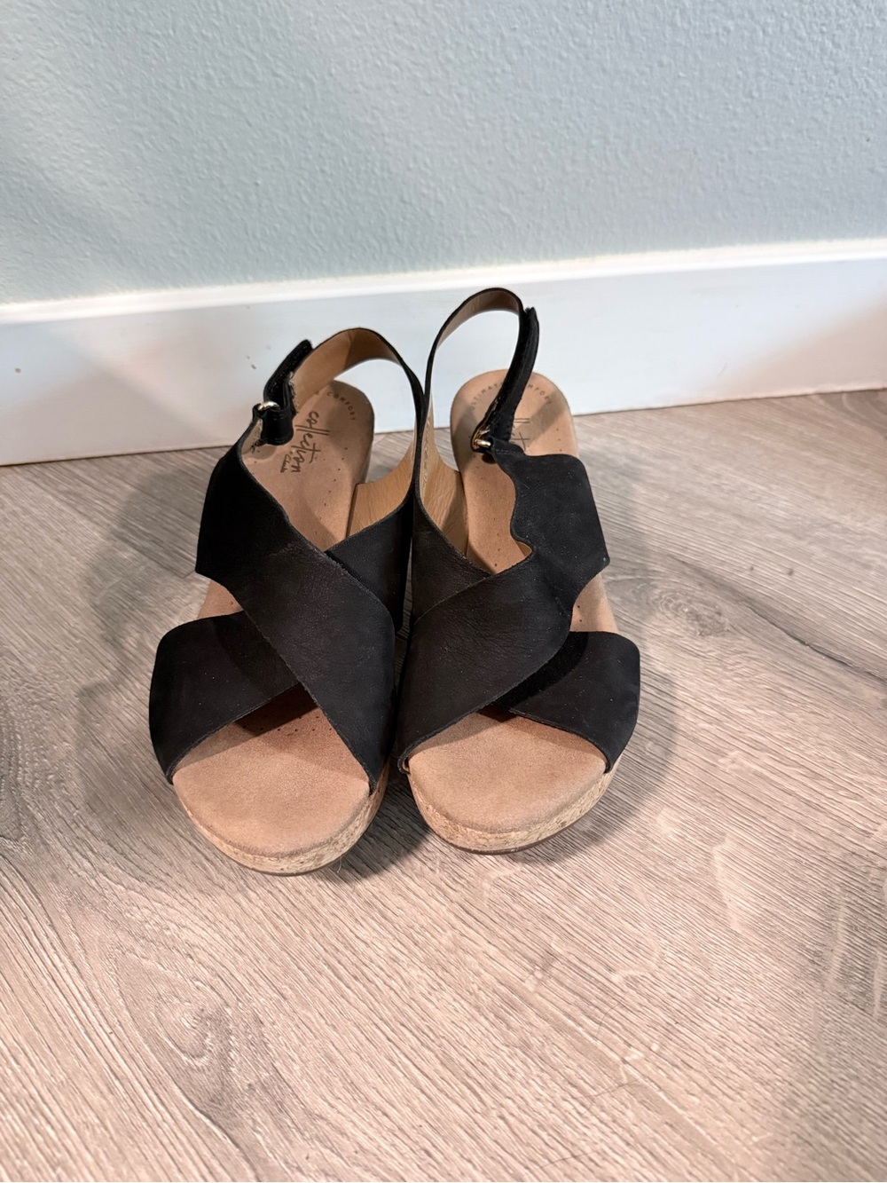 Clarks Black Cross-Strap Women’s Wedge Sandals